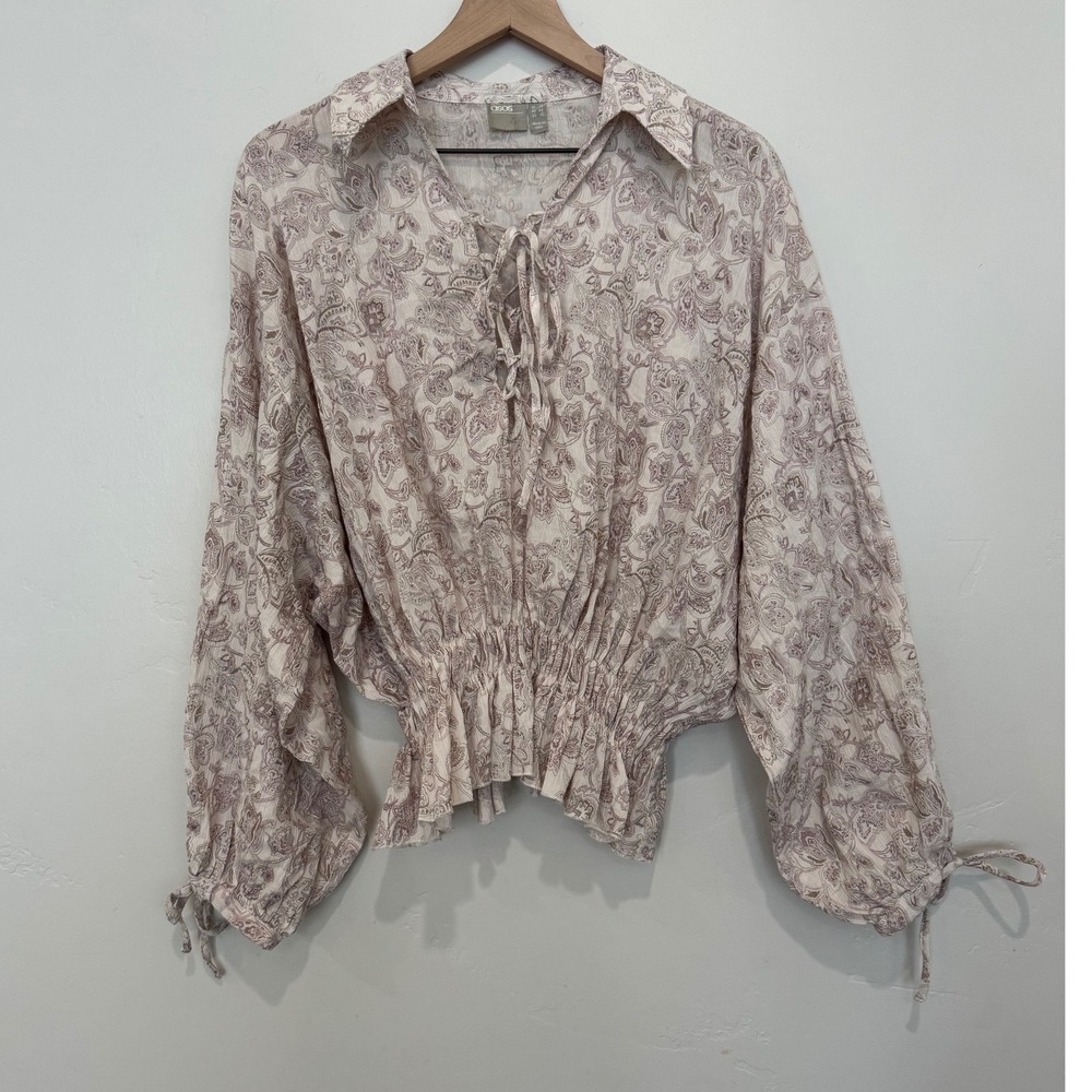 ASOS Paisley Cotton Lace Up Boho Blouse Smocked Waist Pink US 10 Peasant Cottage